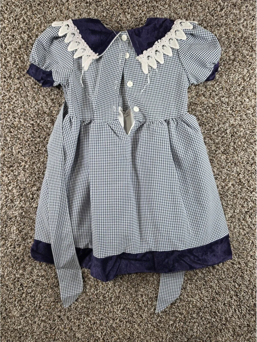 Vintage Girls Sz 6 A Line Puff Sleeve Gingham Dress Blue White Velvet Bib Front
